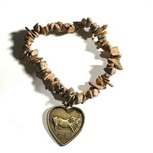 Chinese Horoscope Pig Sign Charm Stretch Bracelet Natural Taupe Stone Chip